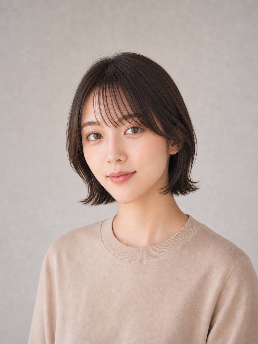 20代・逆三角形のAIモデルによる外ハネ切りっぱなしボブの正面イメージ（架空人物）