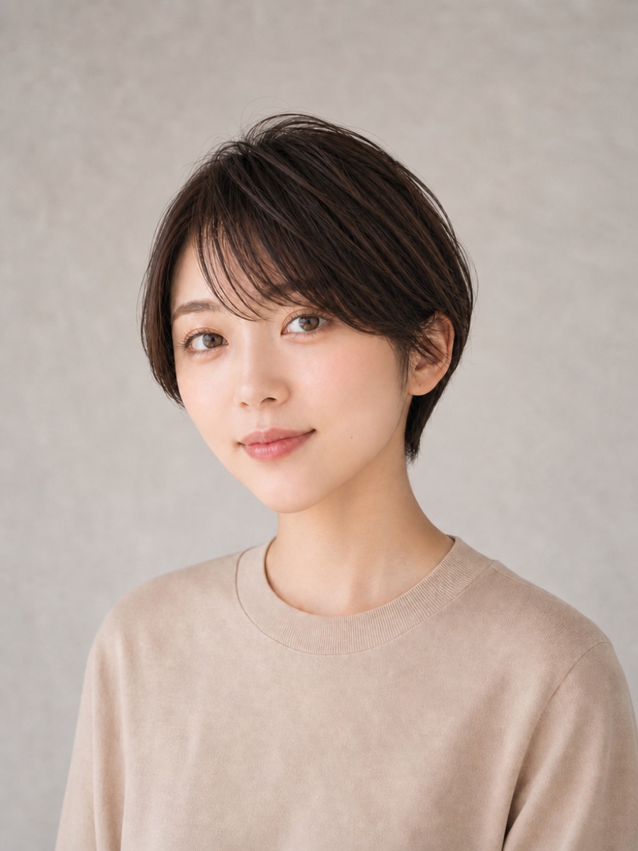 20代・逆三角形のAIモデルによるハンサムショートの正面イメージ(架空人物)