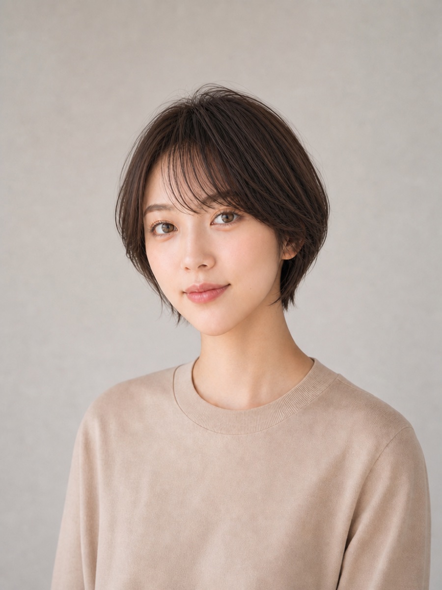 20代・逆三角形のAIモデルによるエアリーマッシュショートの正面イメージ(架空人物)