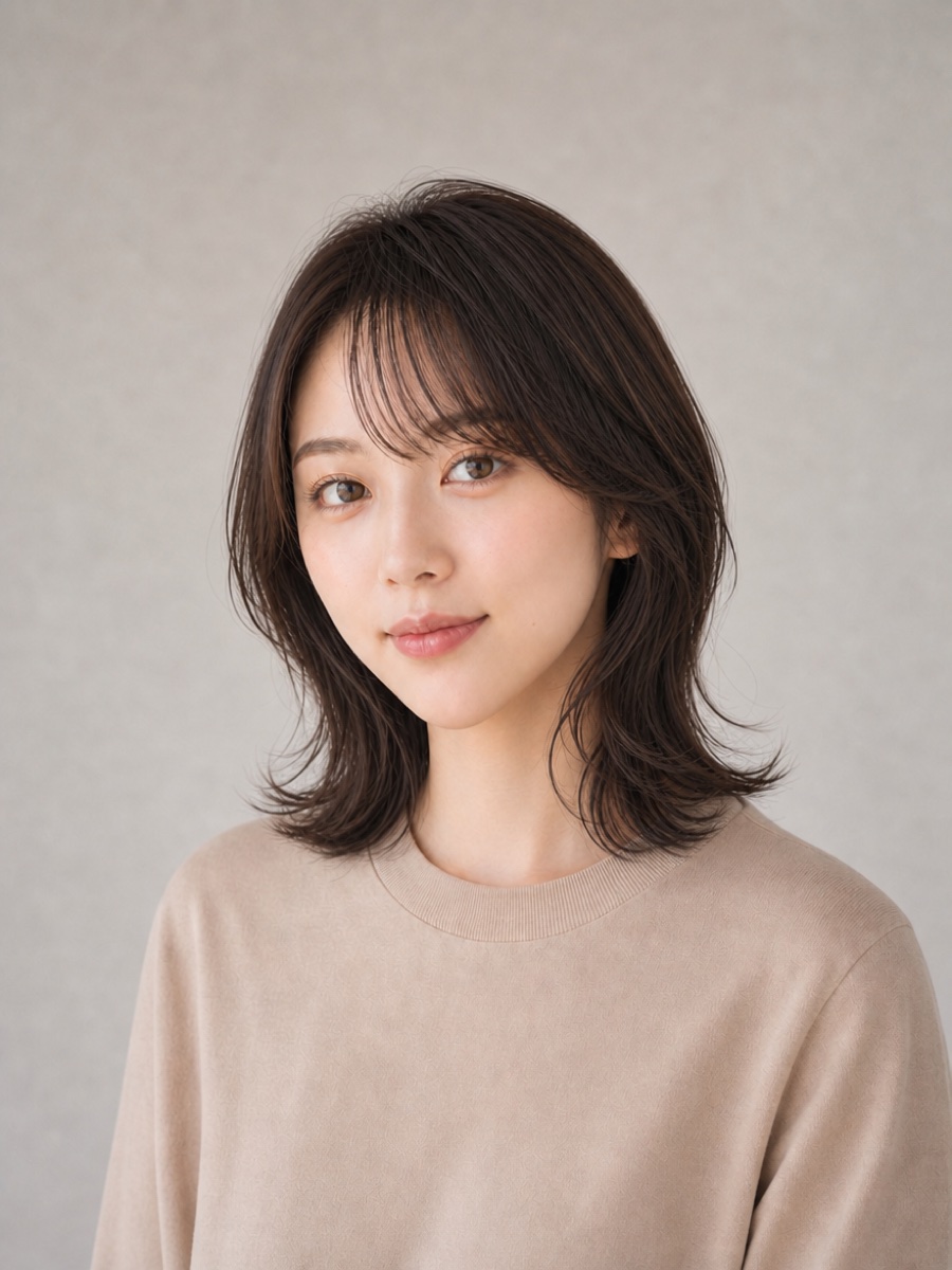 20代・逆三角形のAIモデルによるナチュラルウェーブミディの正面イメージ(架空人物)