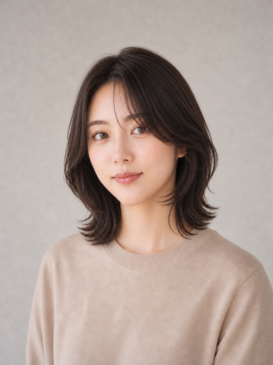 20代・逆三角形のAIモデルによる韓国風フェイスレイヤーの正面イメージ（架空人物）