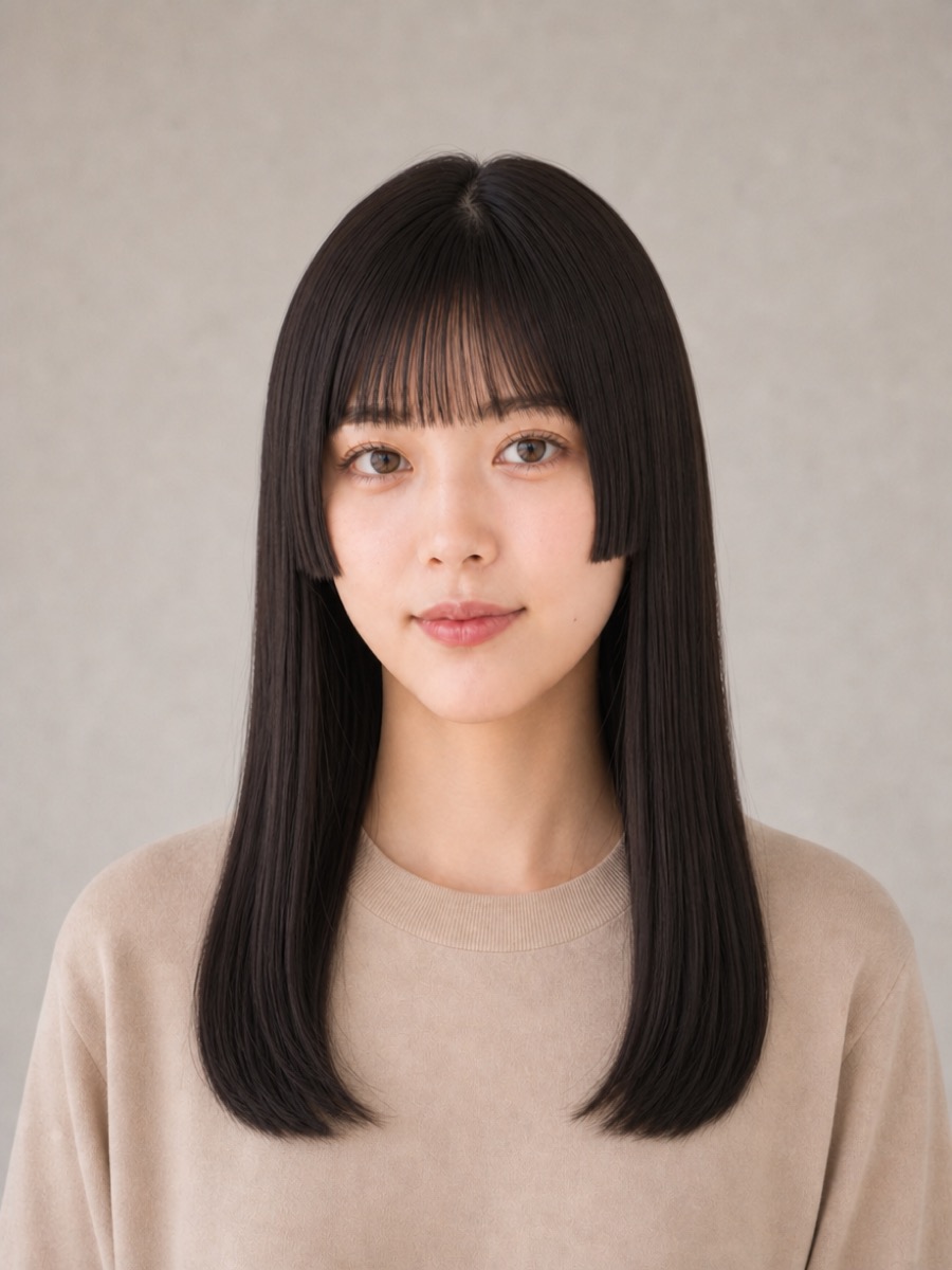 逆三角形のAIモデルによる姫カット黒髪ロングの正面イメージ（架空人物）