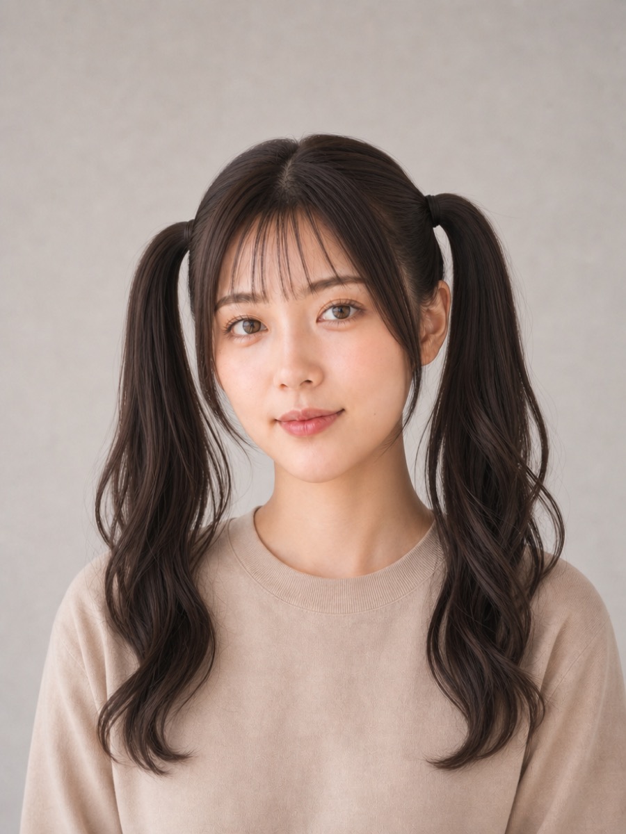 20代・逆三角形のAIモデルによる高めツインテールの正面イメージ(架空人物)