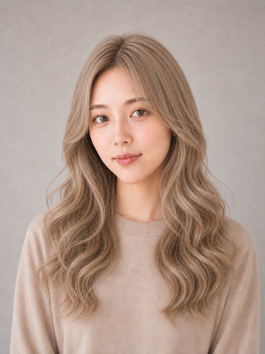 20代・逆三角形のAIモデルによるハイトーンレイヤーロングの正面イメージ(架空人物)