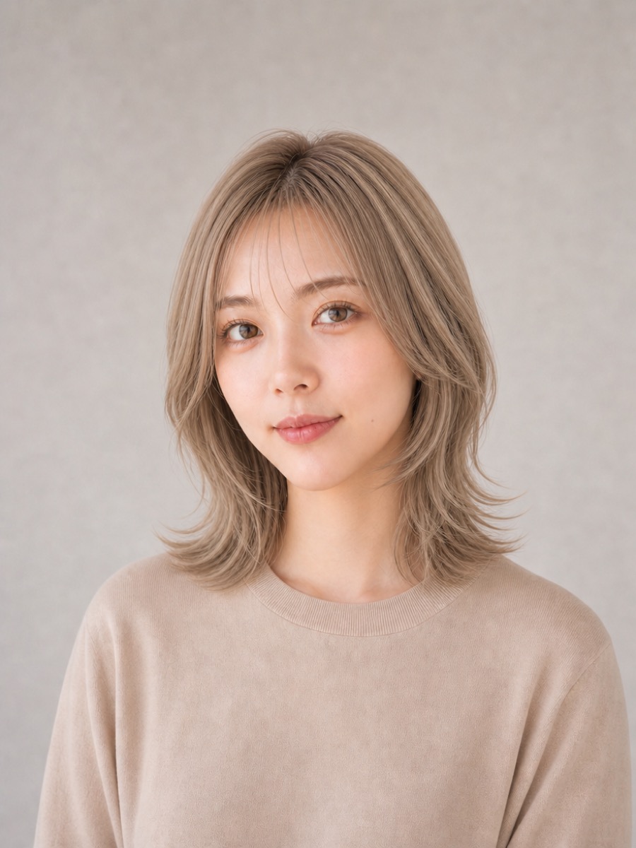 20代・逆三角形のAIモデルによるハイトーンくびれウルフの正面イメージ(架空人物)