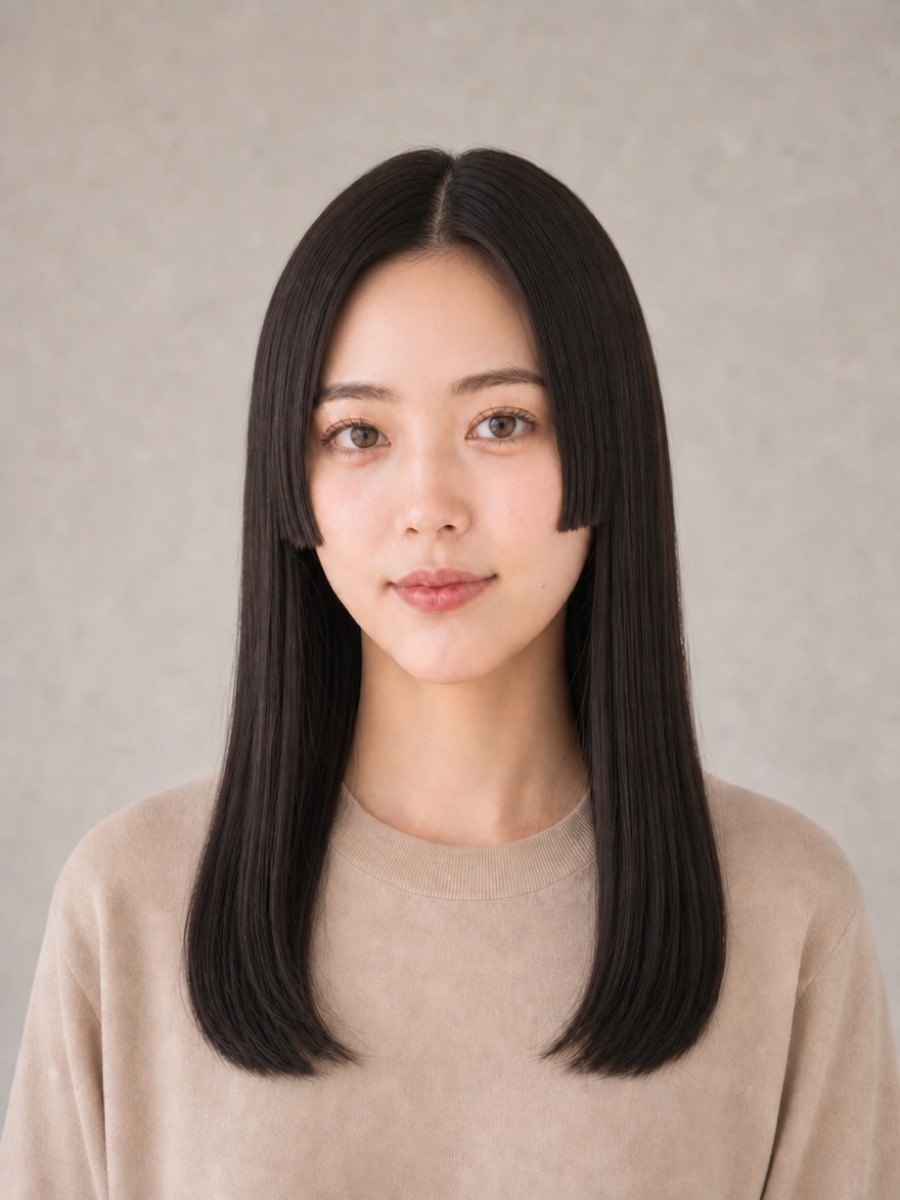 20代・逆三角形のAIモデルによる前髪なし姫カットの正面イメージ(架空人物)