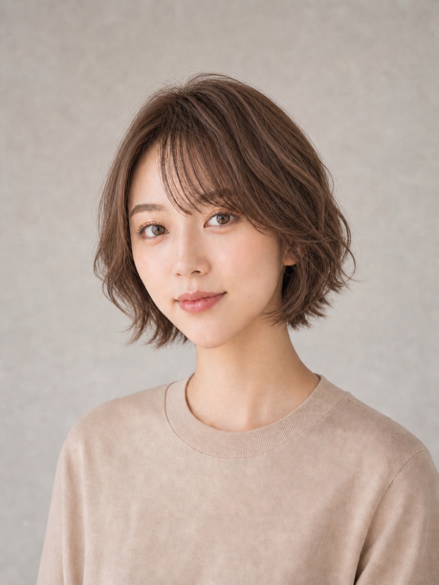 20代・逆三角形のAIモデルによるゆるふわボブの正面イメージ(架空人物)