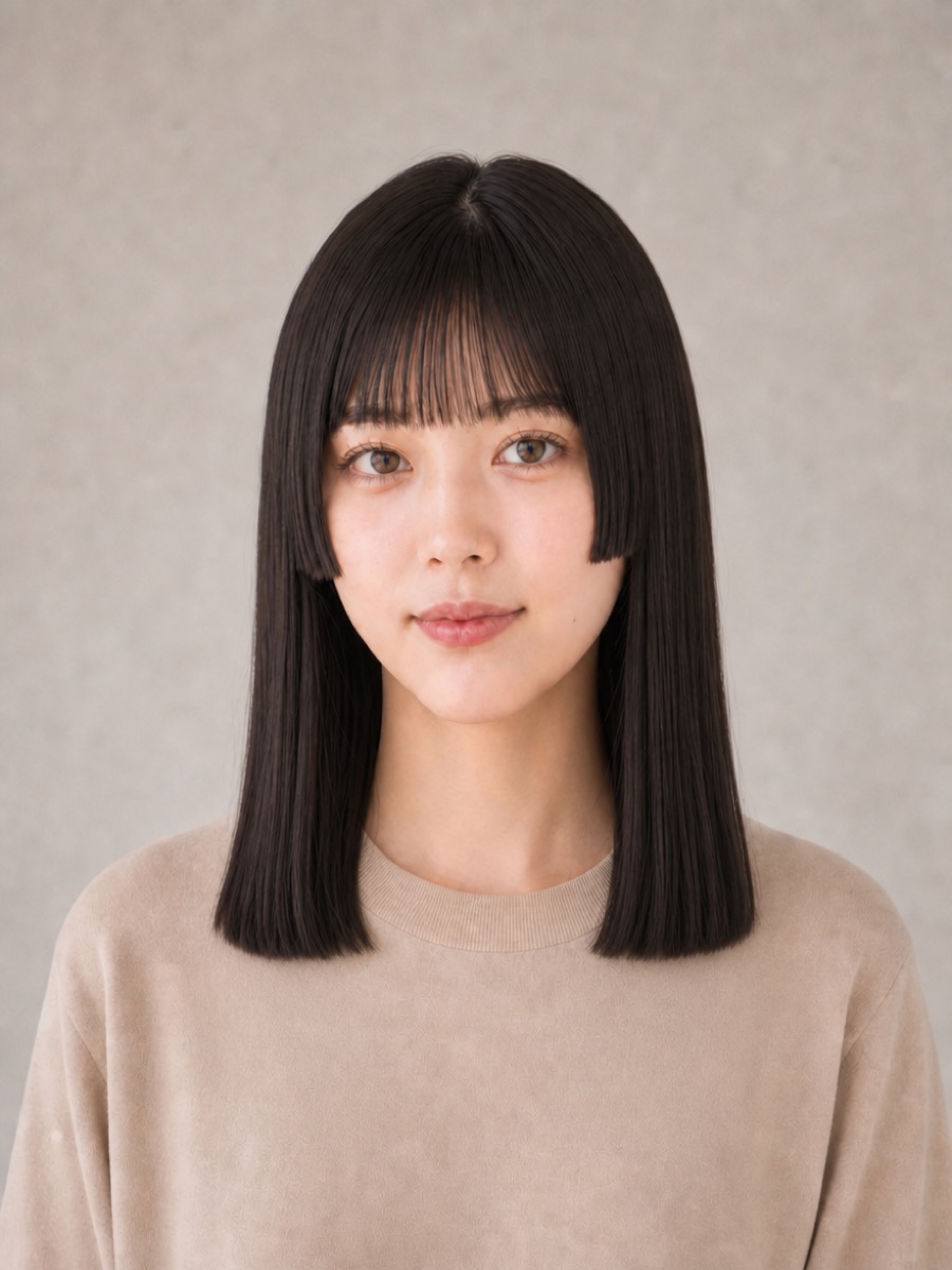 20代・逆三角形のAIモデルによる姫カットミディアムの正面イメージ（架空人物）