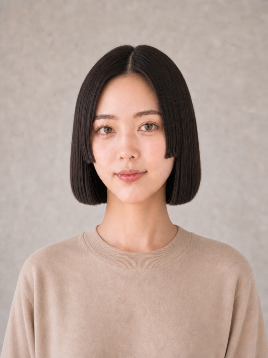 20代・逆三角形のAIモデルによる姫カットボブの正面イメージ（架空人物）