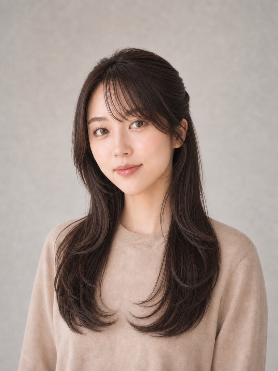 20代・逆三角形のAIモデルによる清楚ハーフアップの正面イメージ(架空人物)