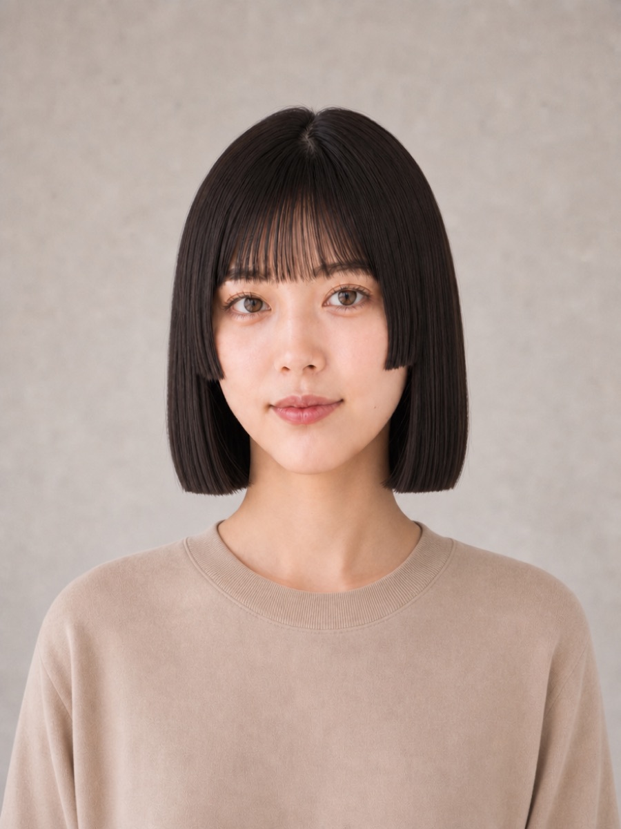 20代・逆三角形のAIモデルによる姫カットぱっつんボブの正面イメージ（架空人物）