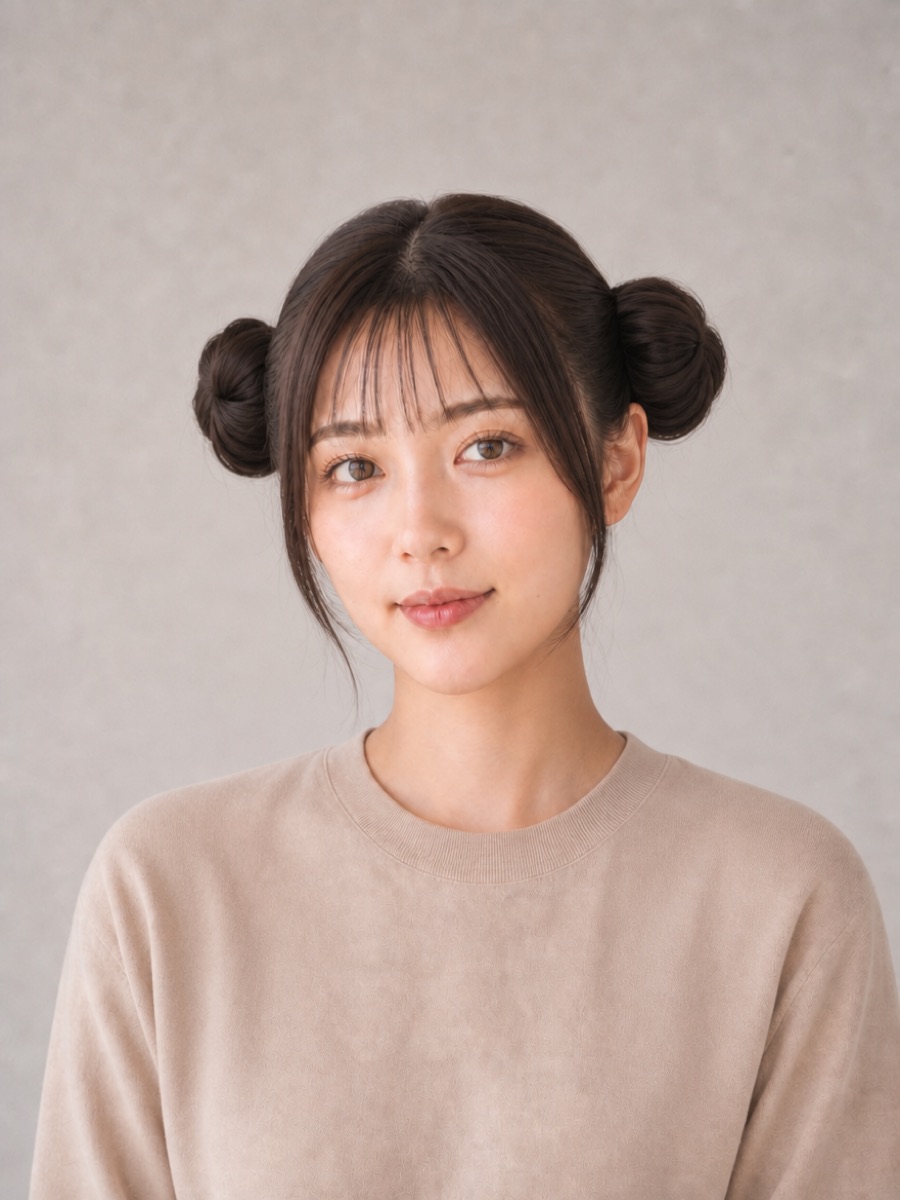 20代・逆三角形のAIモデルによるツインお団子の正面イメージ(架空人物)