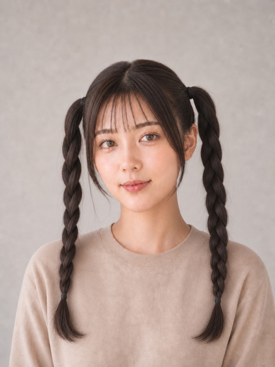 20代・逆三角形のAIモデルによる三つ編みツインの正面イメージ（架空人物）