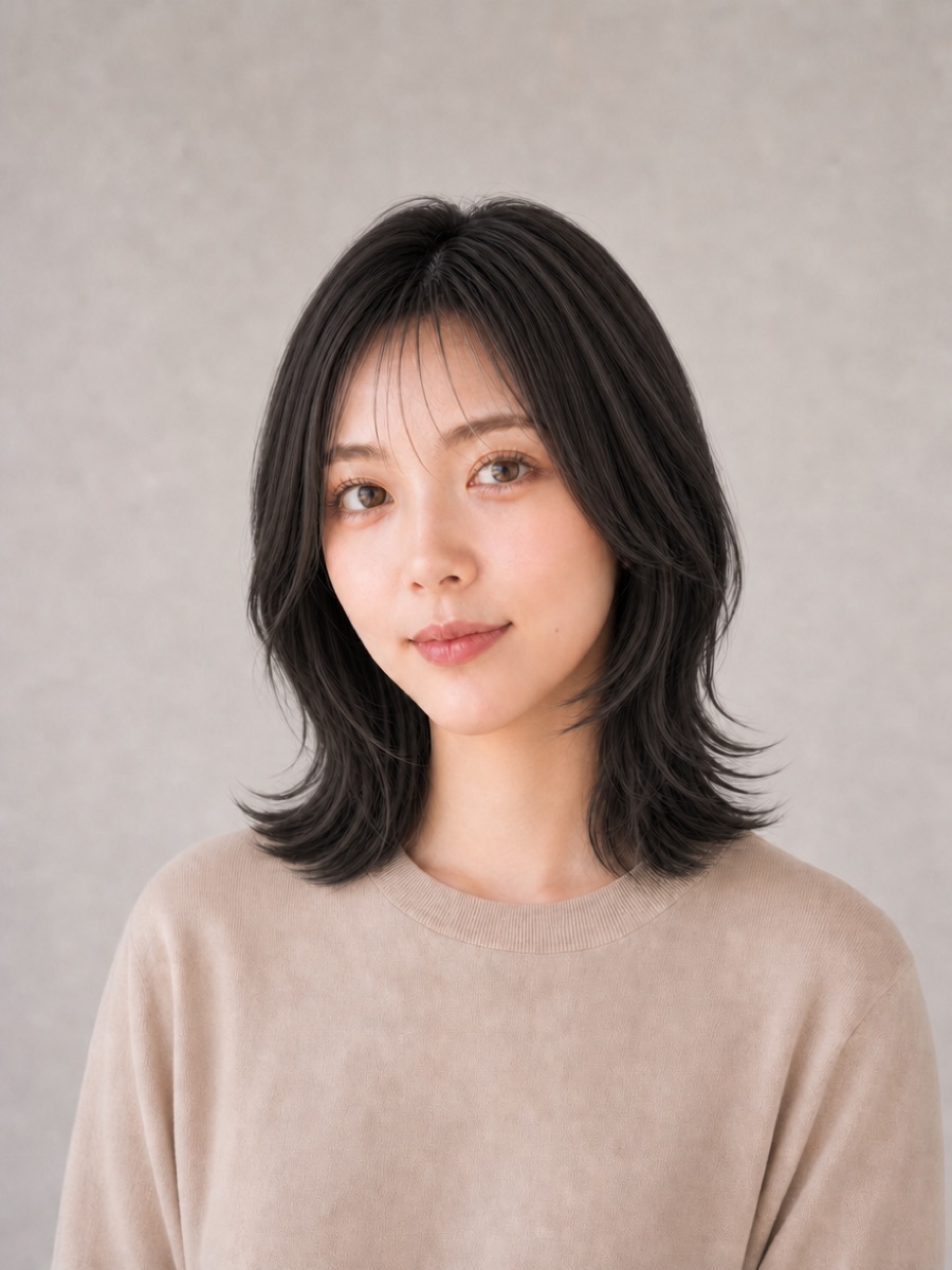 20代・逆三角形のAIモデルによる黒髪くびれウルフの正面イメージ(架空人物)