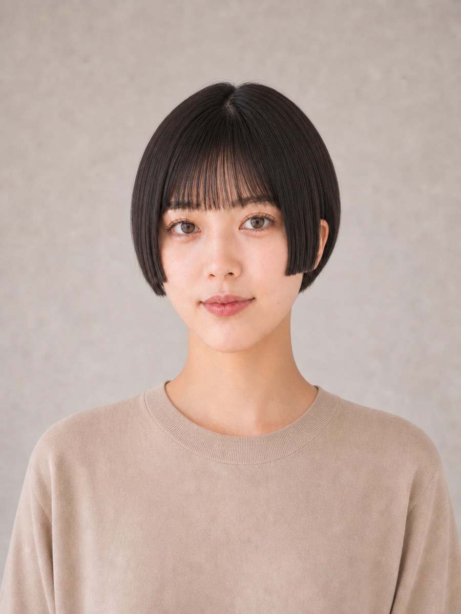 20代・逆三角形のAIモデルによる姫カットショートの正面イメージ（架空人物）