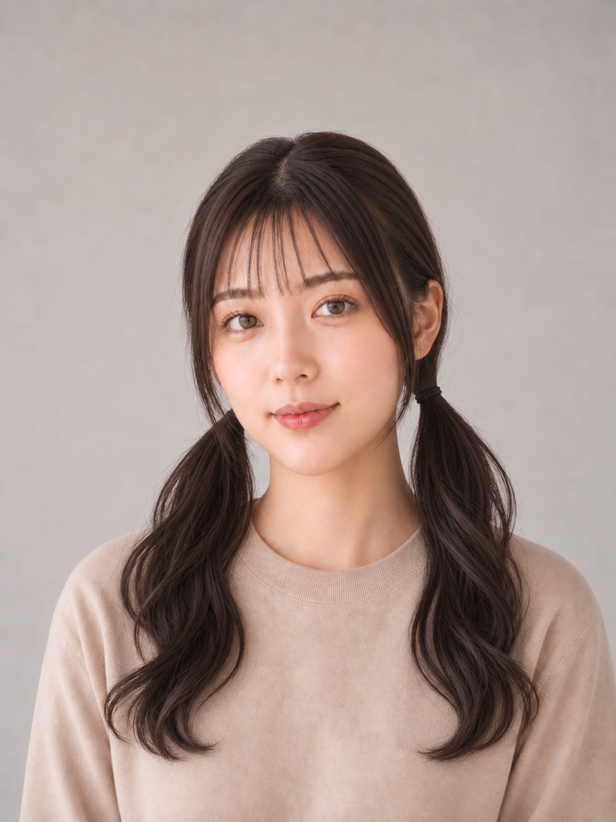 20代・逆三角形のAIモデルによる低めツインテールの正面イメージ（架空人物）
