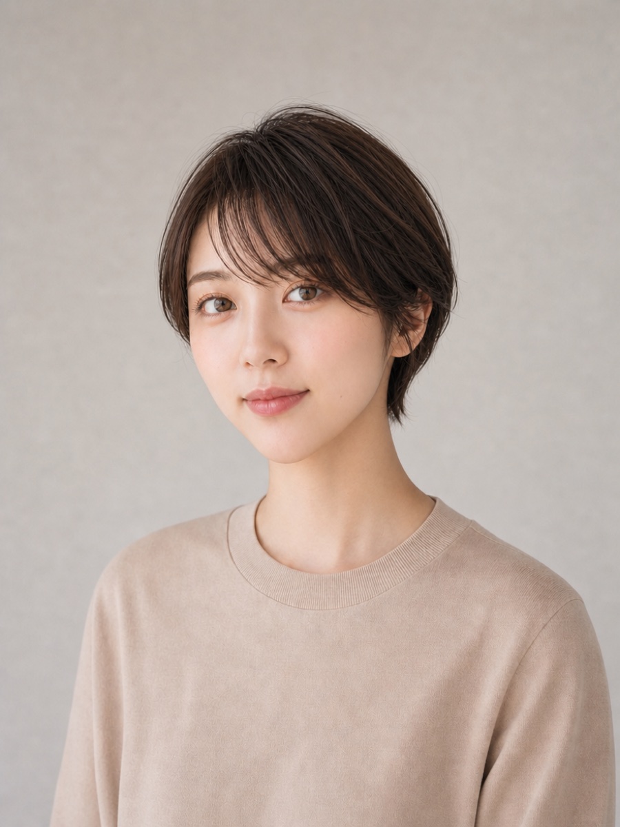 20代・逆三角形のAIモデルによる丸みショートボブの正面イメージ(架空人物)
