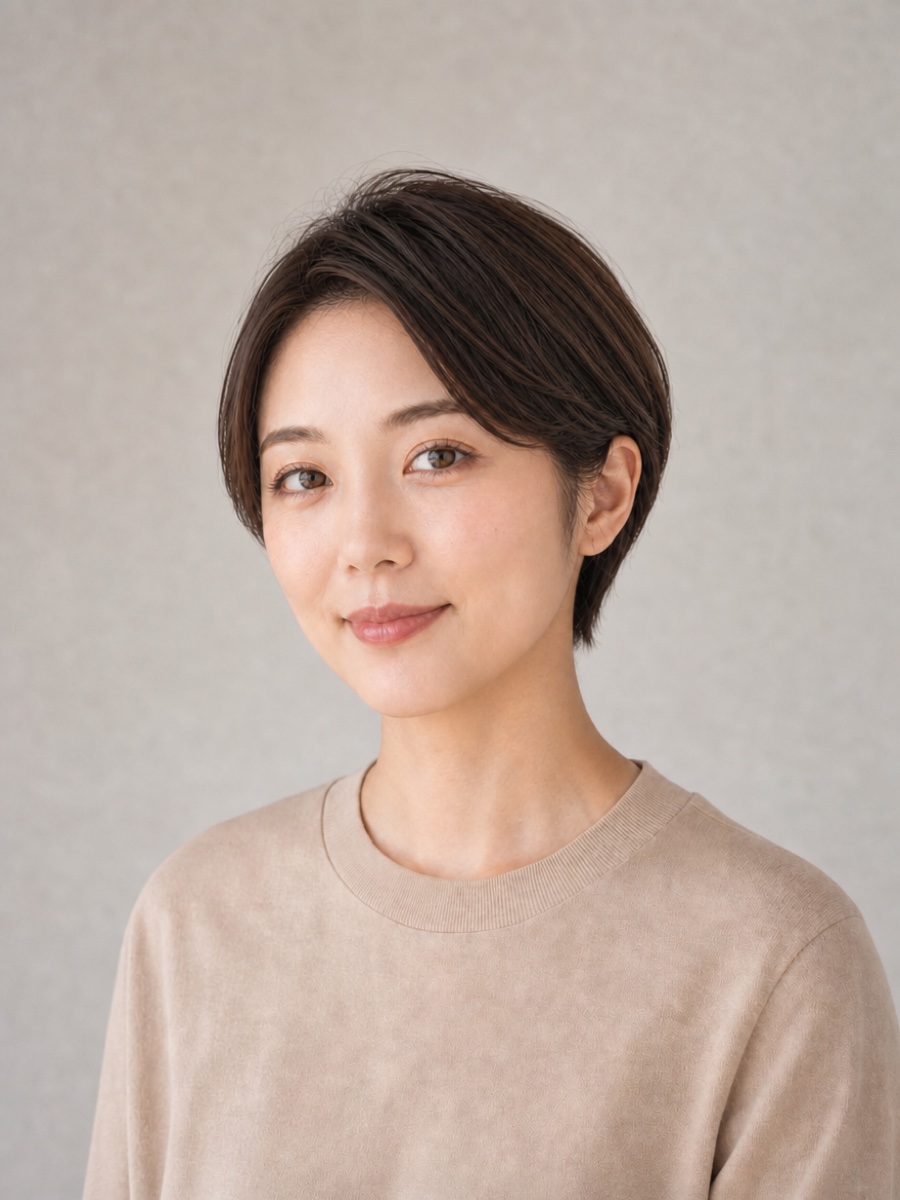 30代・卵型のAIモデルによるコンパクトショートの正面イメージ（架空人物）