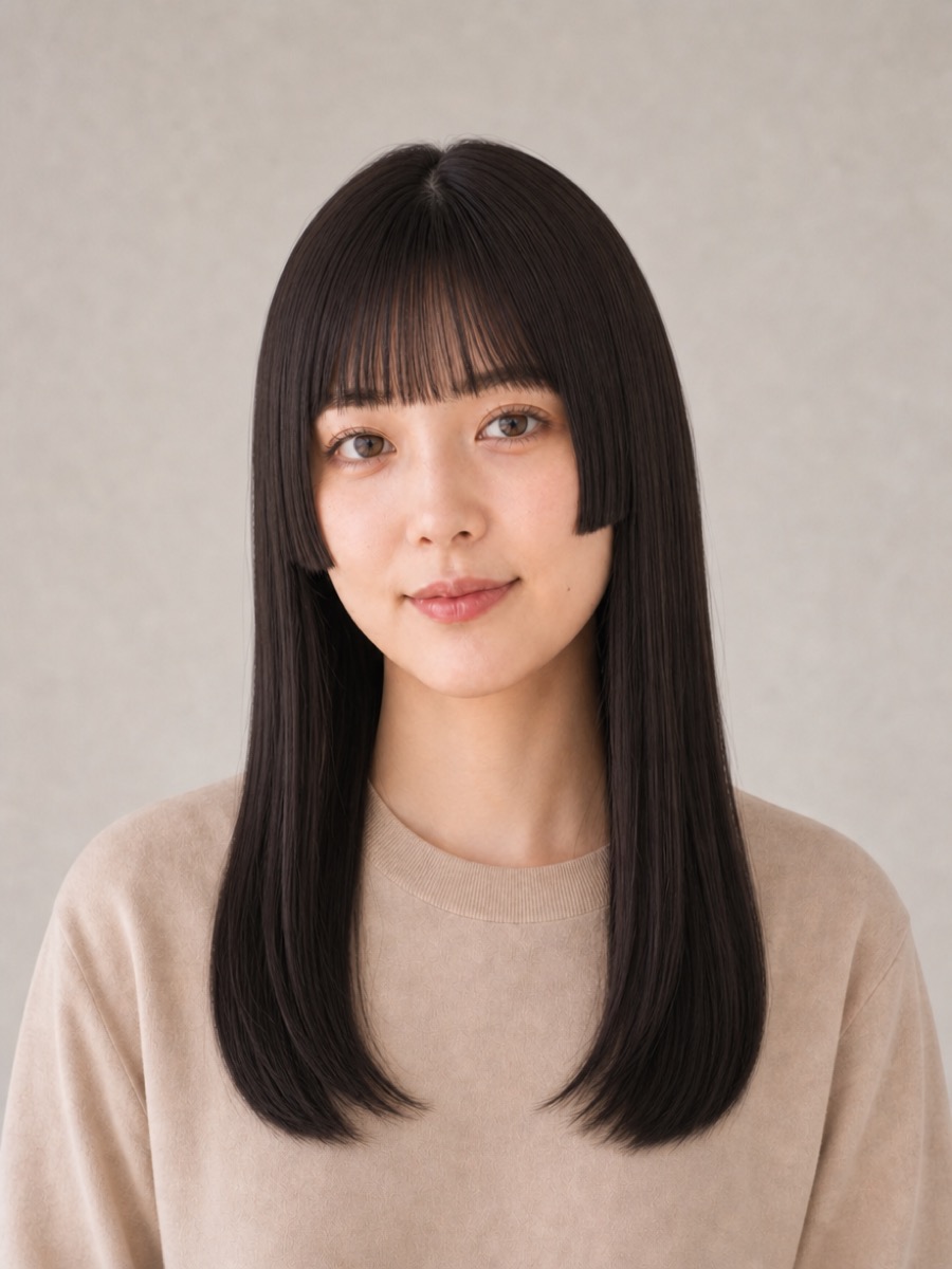 30代・卵型のAIモデルによる姫カット黒髪ロングの正面イメージ(架空人物)