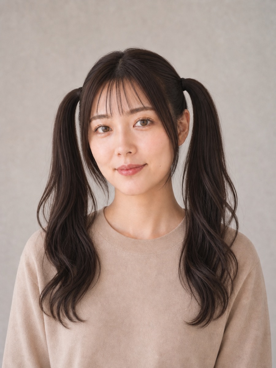 30代・卵型のAIモデルによる高めツインテールの正面イメージ(架空人物)