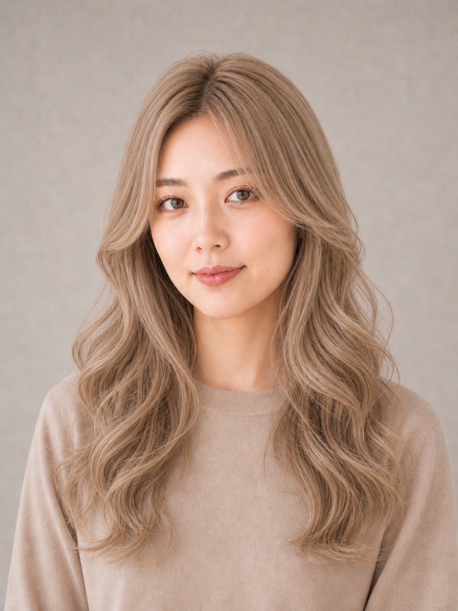 30代・卵型のAIモデルによるハイトーンレイヤーロングの正面イメージ(架空人物)