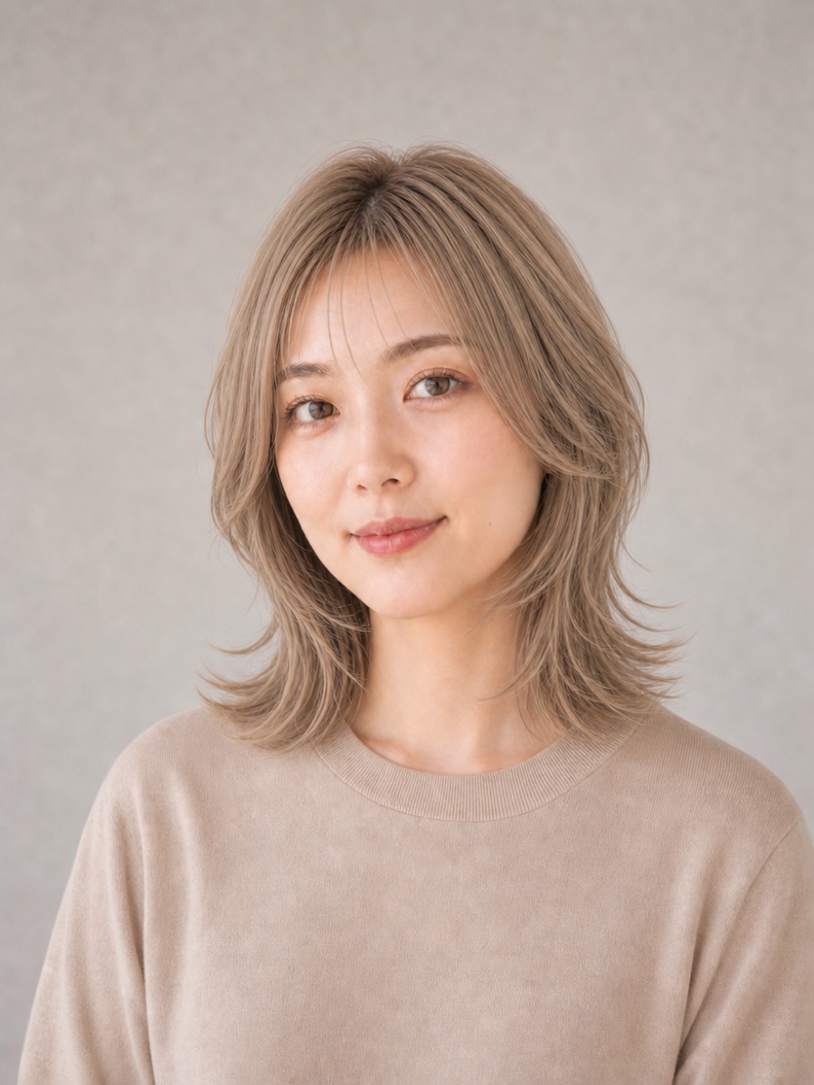 30代・卵型のAIモデルによるハイトーンくびれウルフの正面イメージ(架空人物)