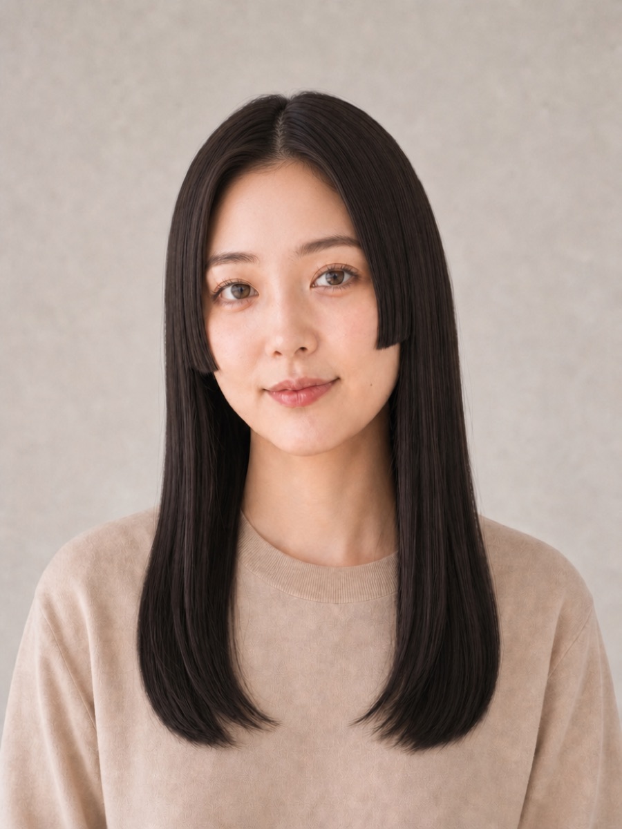 30代・卵型のAIモデルによる前髪なし姫カットの正面イメージ(架空人物)