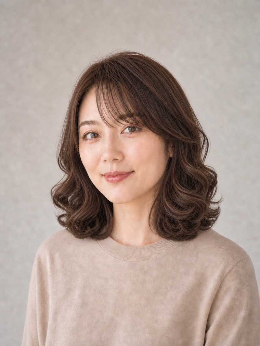 30代・卵型のAIモデルによるゆるふわパーマミディアムの正面イメージ(架空人物)
