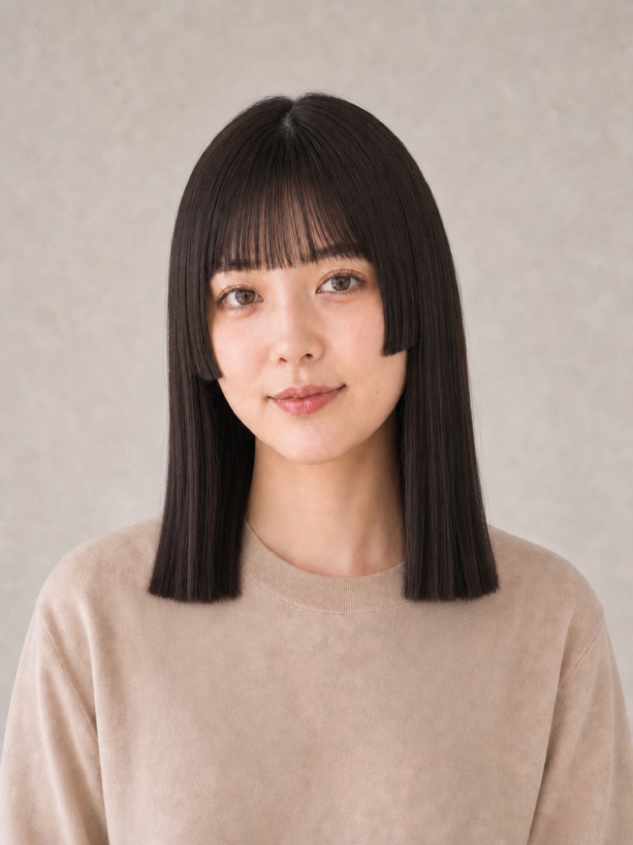 30代・卵型のAIモデルによる姫カットミディアムの正面イメージ（架空人物）