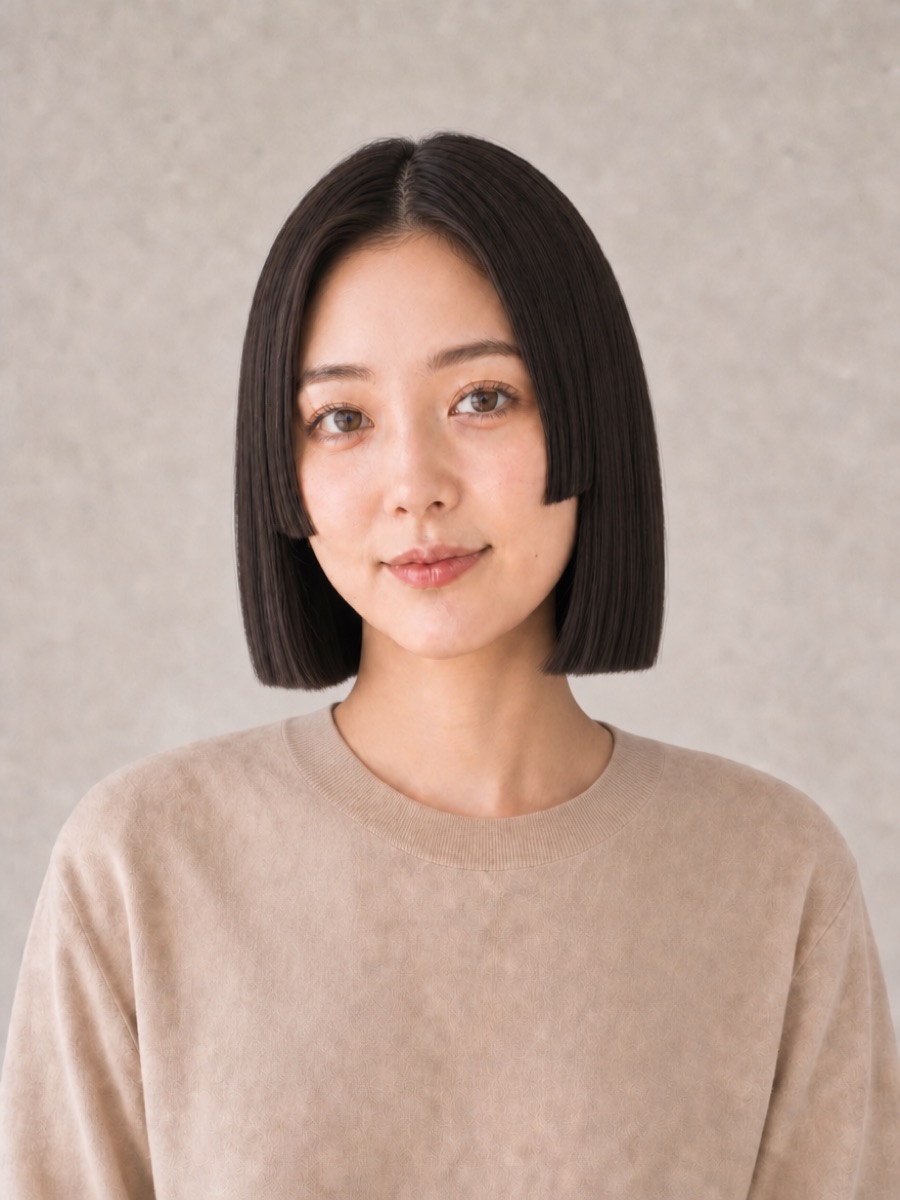 30代・卵型のAIモデルによる姫カットボブの正面イメージ（架空人物）