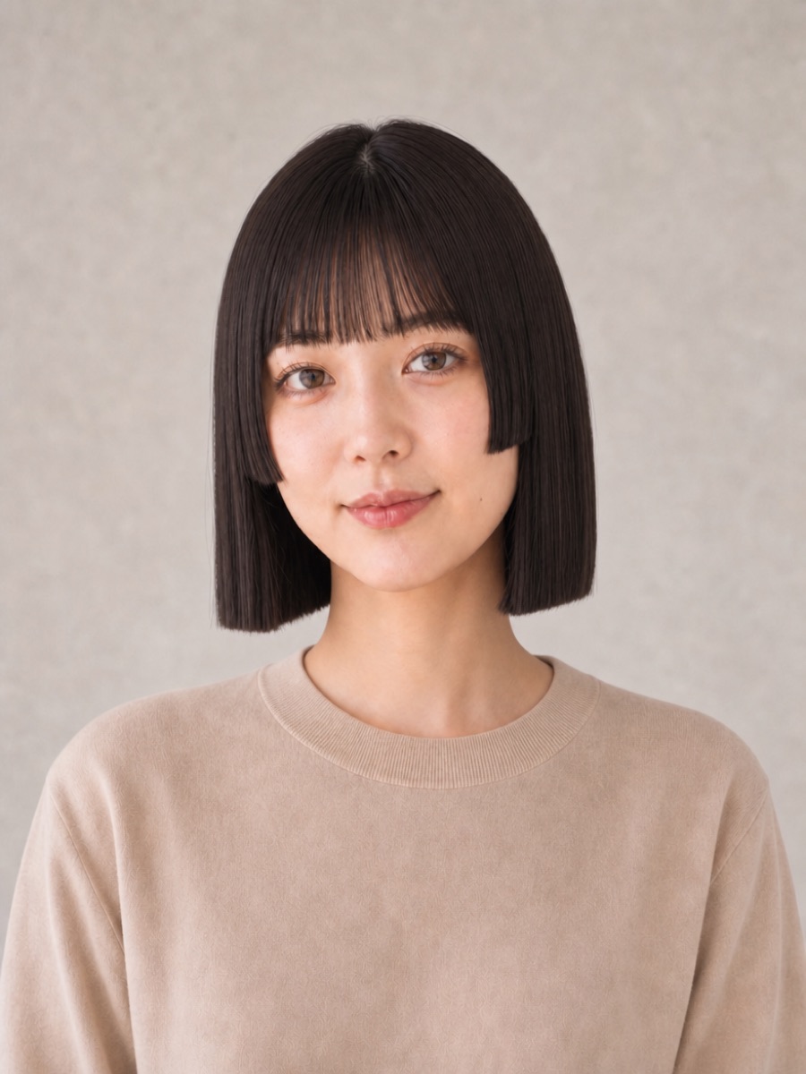 30代・卵型のAIモデルによる姫カットぱっつんボブの正面イメージ（架空人物）