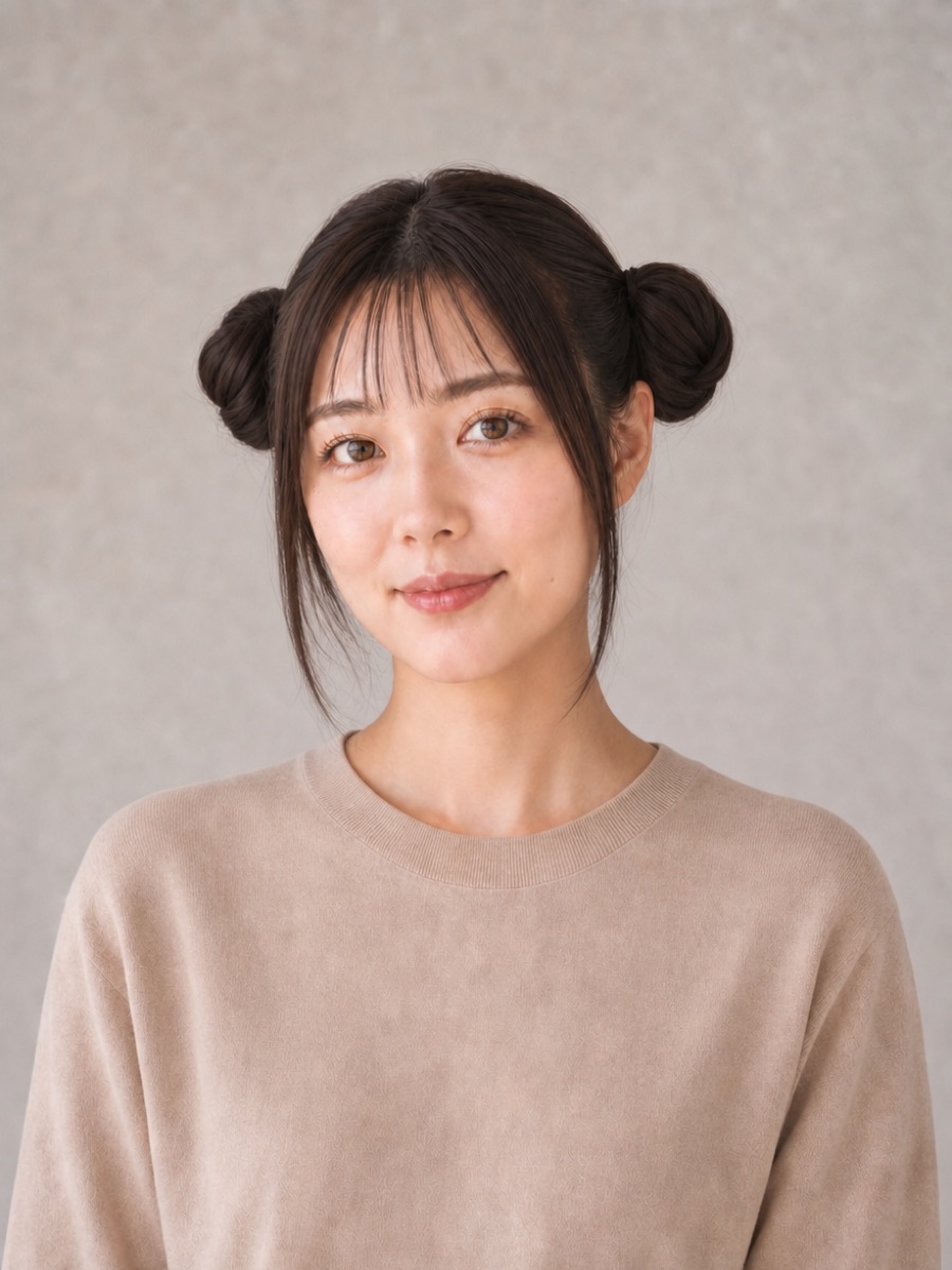 30代・卵型のAIモデルによるツインお団子の正面イメージ(架空人物)