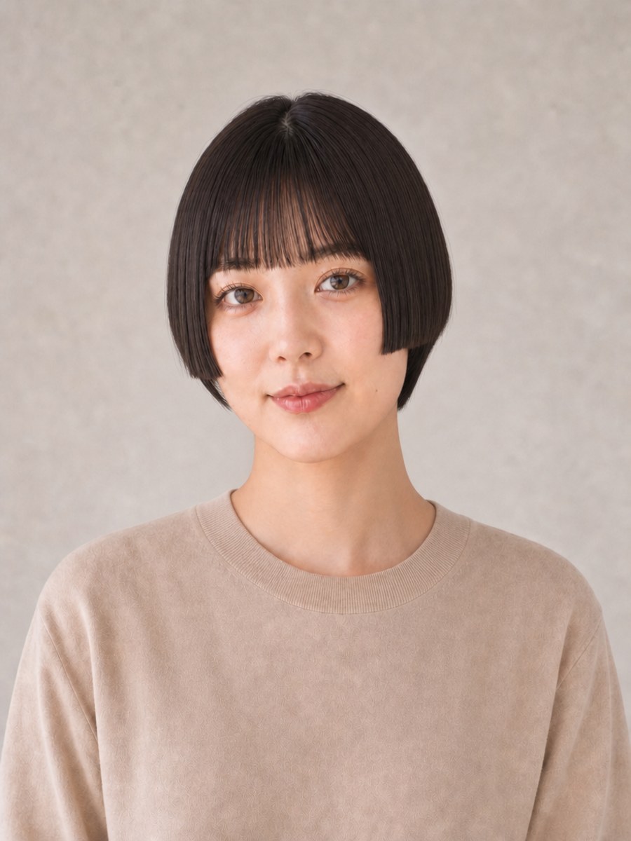 30代・卵型のAIモデルによる姫カットショートの正面イメージ（架空人物）