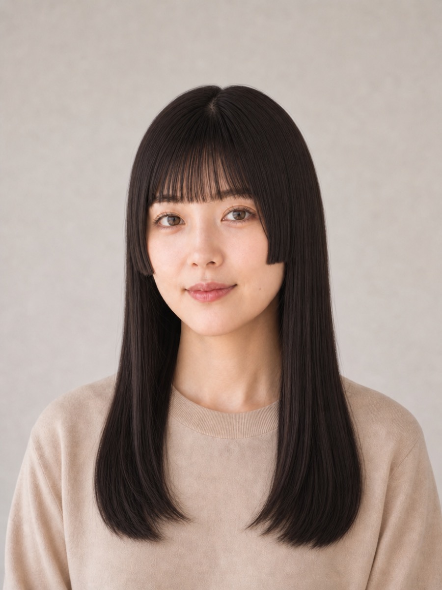 40代のAIモデルによる姫カット黒髪ロングの正面イメージ（架空人物）