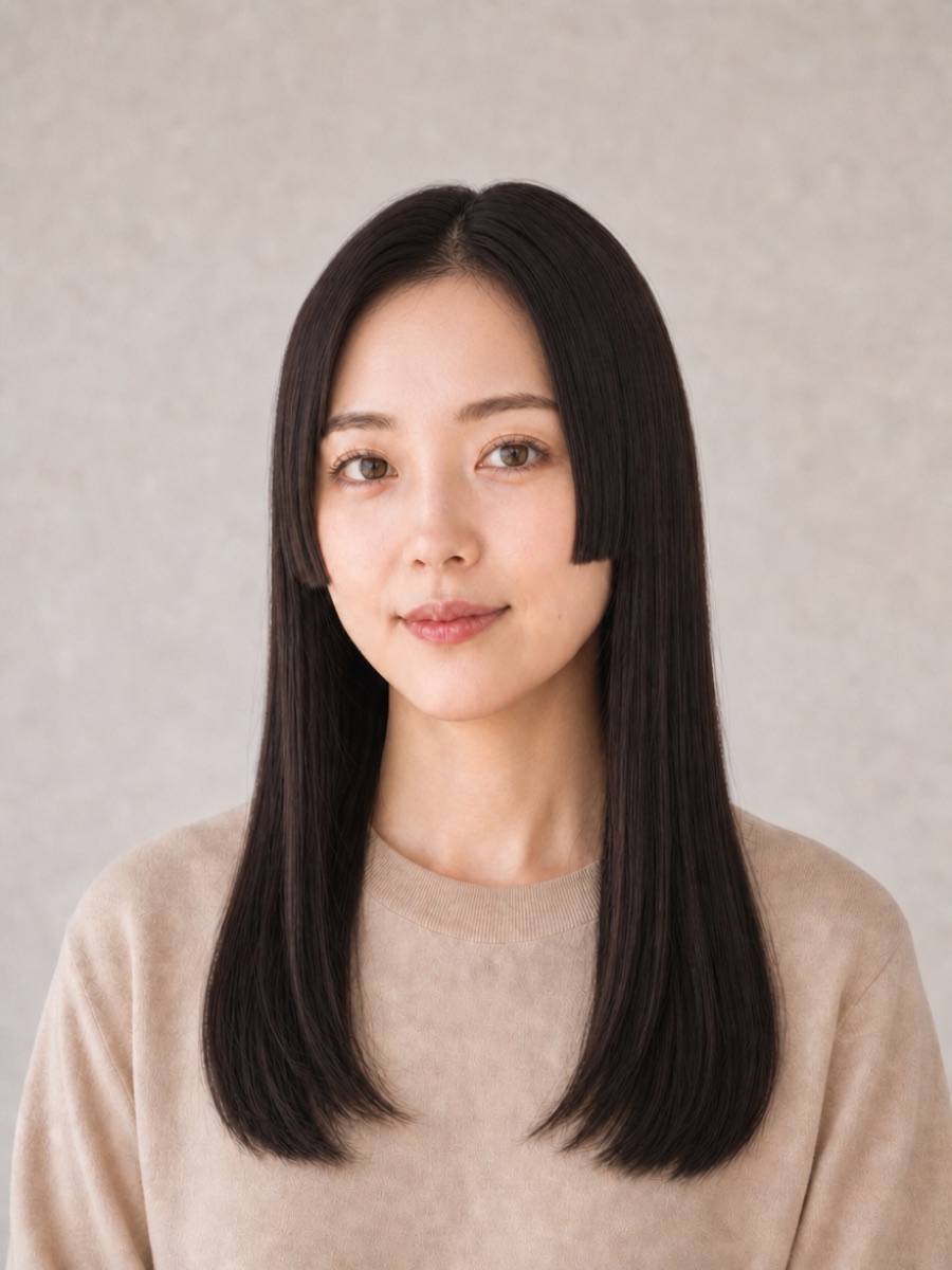 40代・卵型のAIモデルによる前髪なし姫カットの正面イメージ(架空人物)