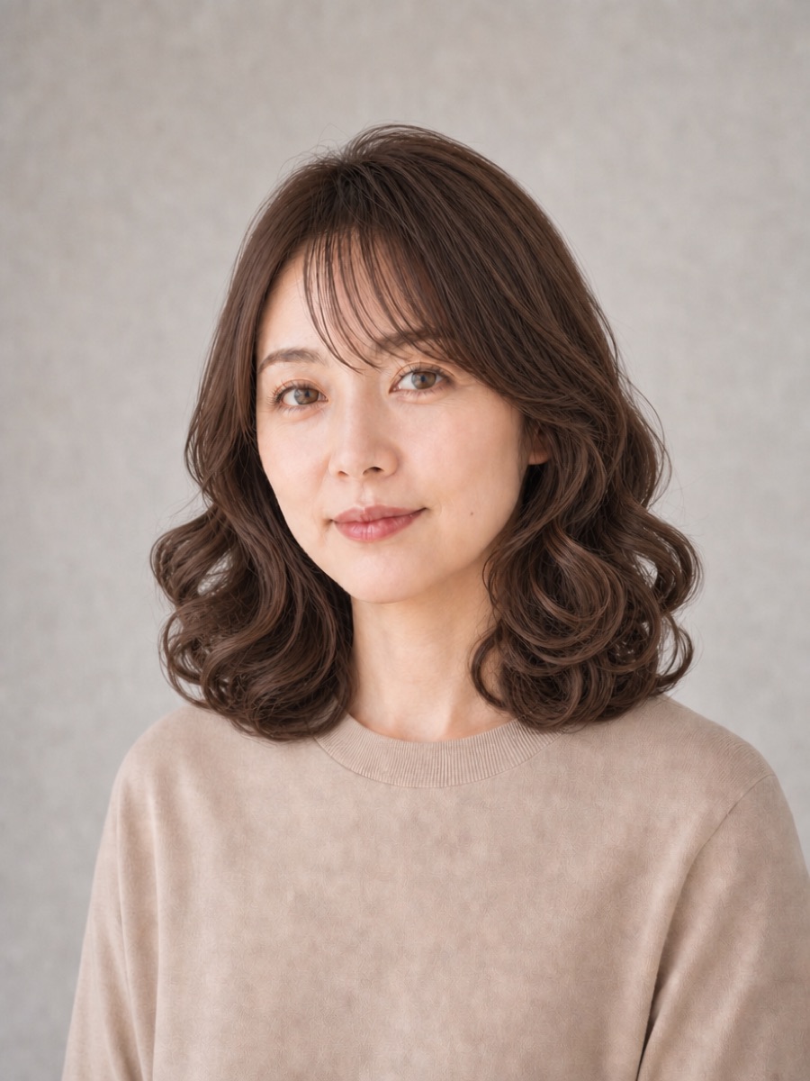 40代のAIモデルによるゆるふわパーマミディアムの正面イメージ(架空人物)