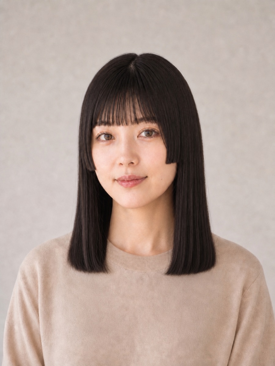 40代・卵型のAIモデルによる姫カットミディアムの正面イメージ（架空人物）