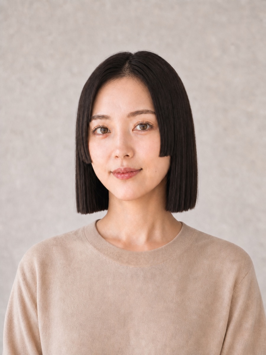 40代・卵型のAIモデルによる姫カットボブの正面イメージ（架空人物）