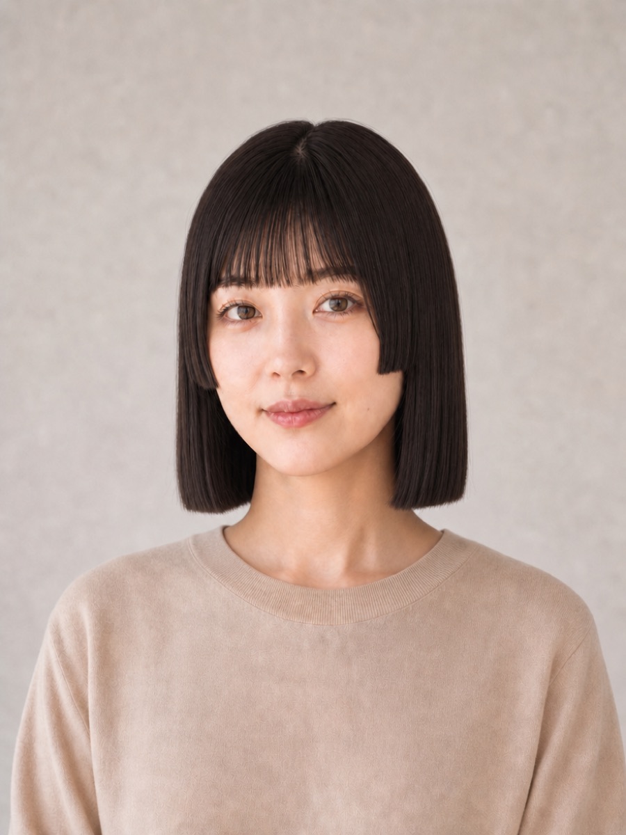 40代・卵型のAIモデルによる姫カットぱっつんボブの正面イメージ（架空人物）
