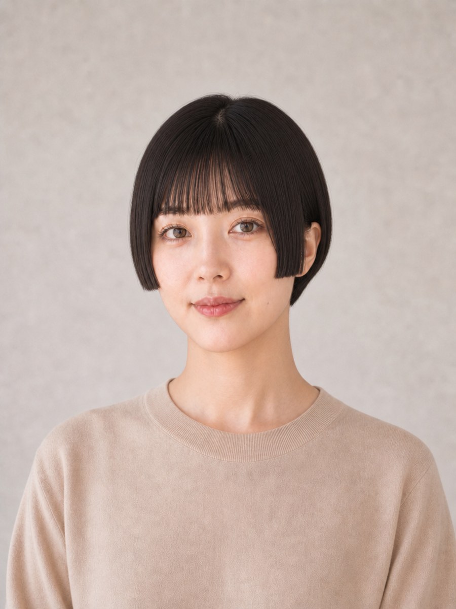 40代・卵型のAIモデルによる姫カットショートの正面イメージ（架空人物）
