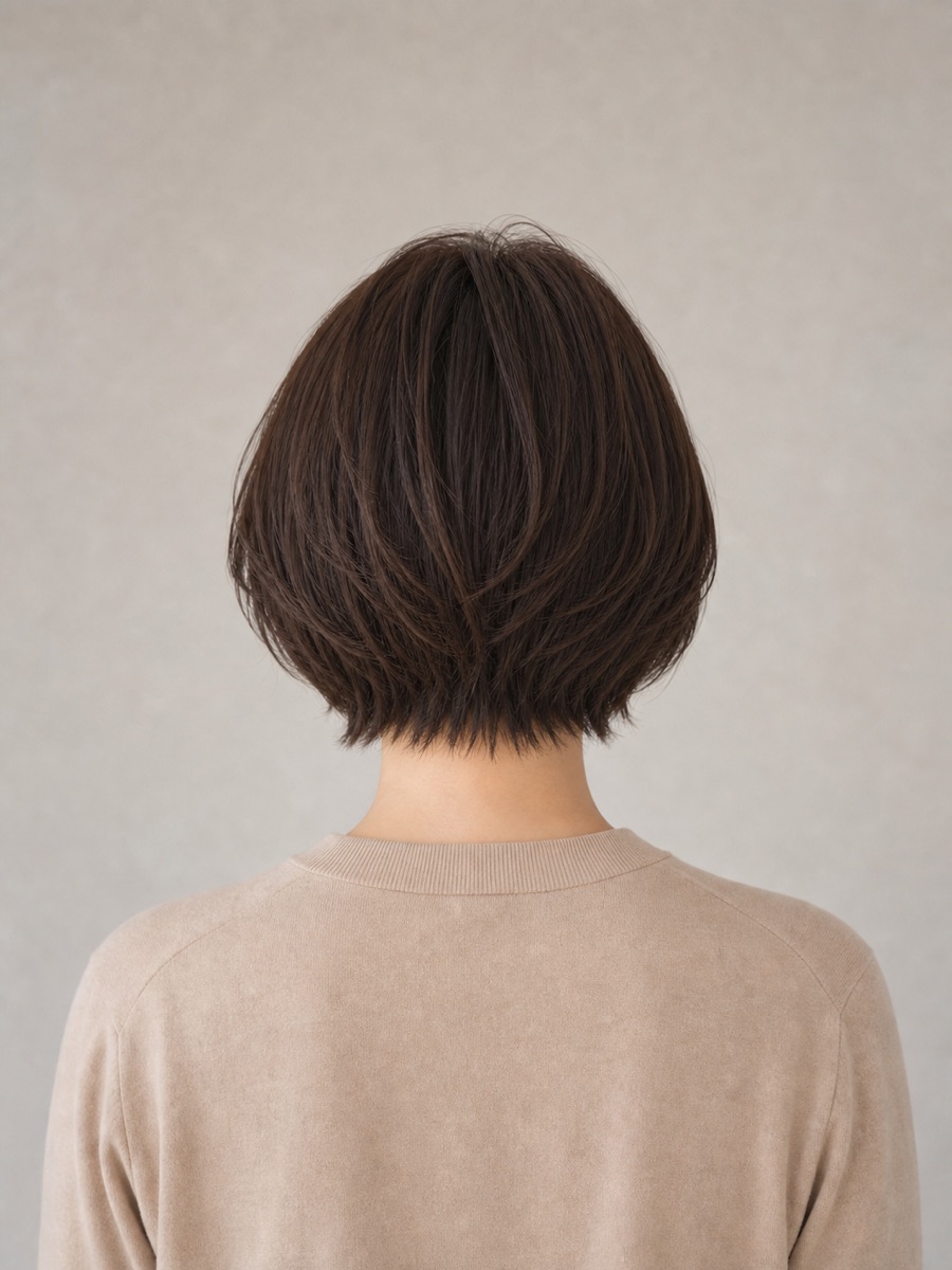 顔まわりレイヤーボブを後ろ姿から見たAI生成イメージ（架空人物）