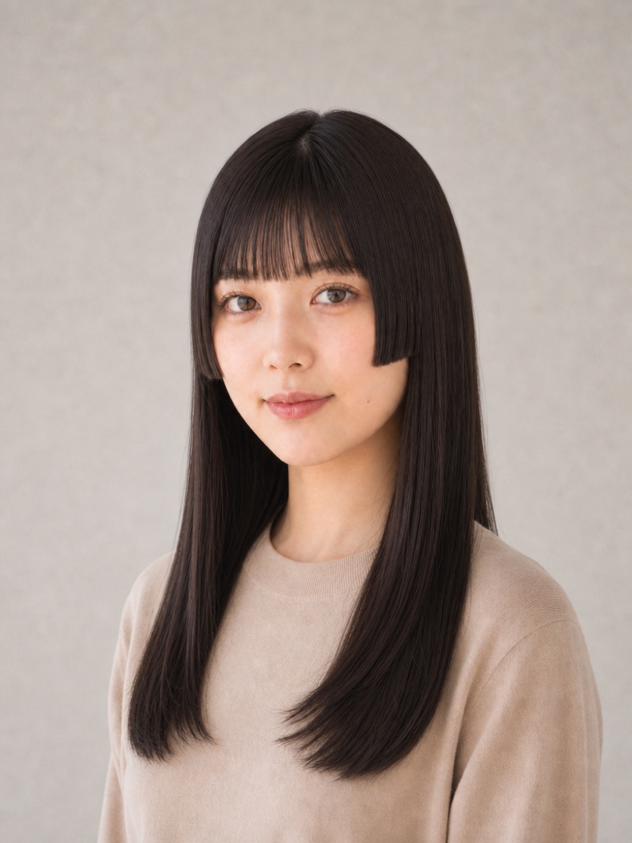 姫カット黒髪ロングを斜め45度から見たAI生成イメージ（架空人物）