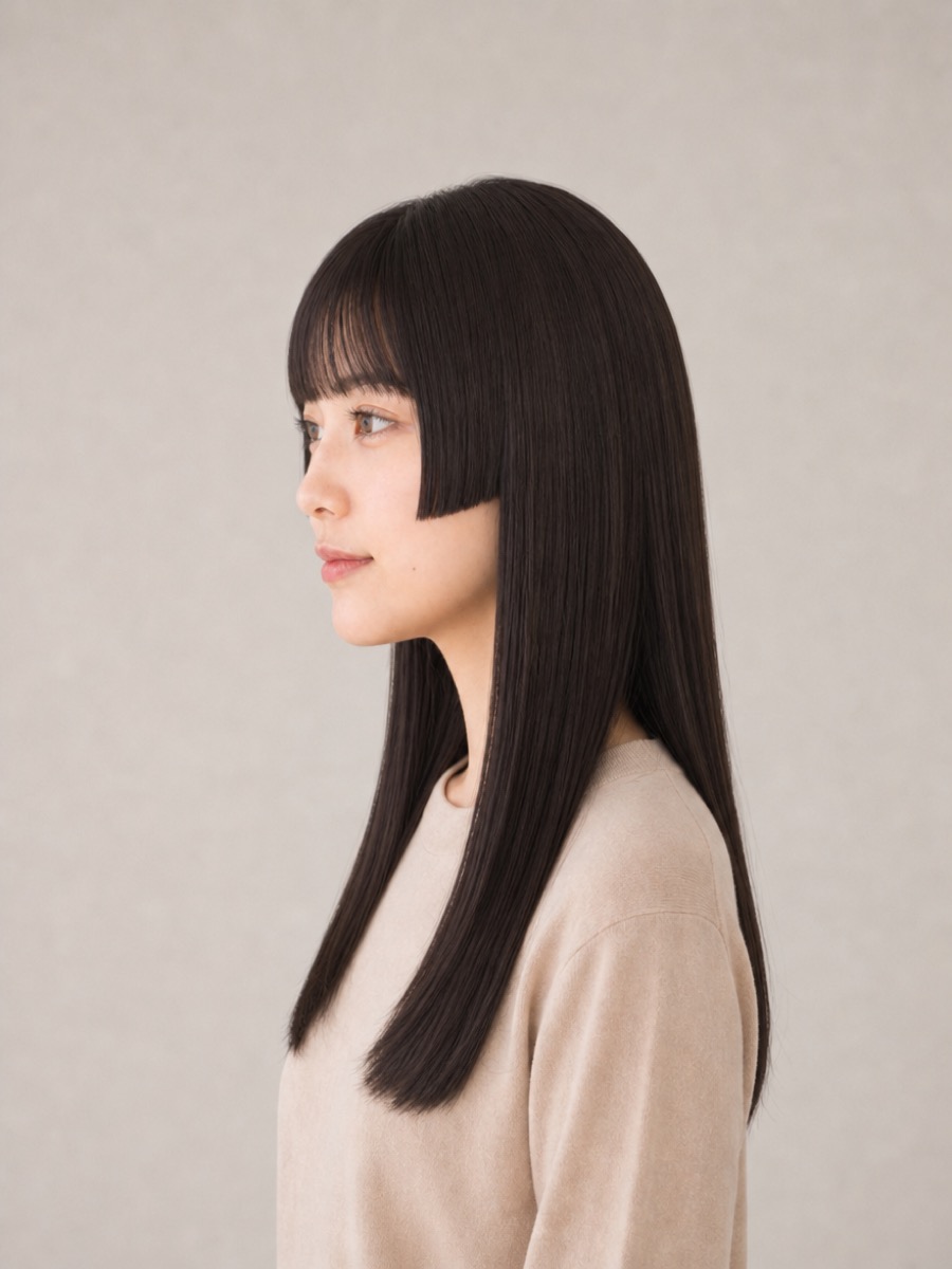姫カット黒髪ロングを真横から見たAI生成イメージ（架空人物）