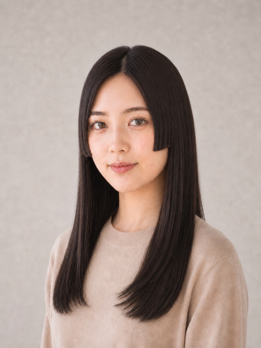 前髪なし姫カットを斜め45°から見たAI生成イメージ(架空人物)