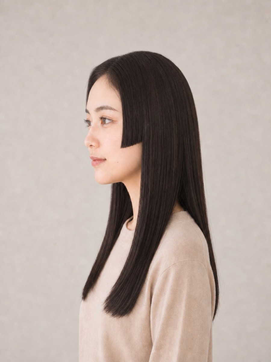 前髪なし姫カットを真横から見たAI生成イメージ(架空人物)