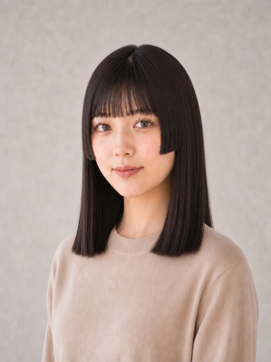 姫カットミディアムを斜め45°から見たAI生成イメージ（架空人物）