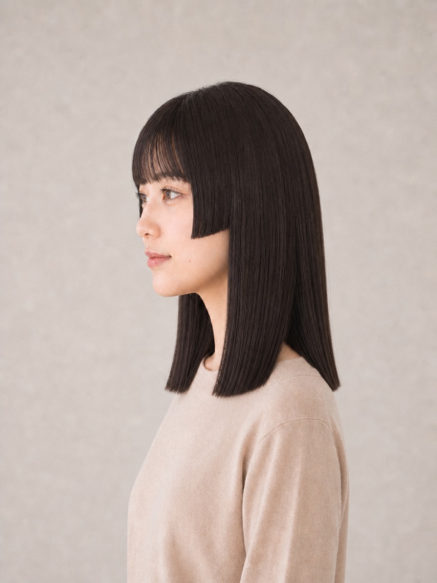姫カットミディアムを真横から見たAI生成イメージ（架空人物）