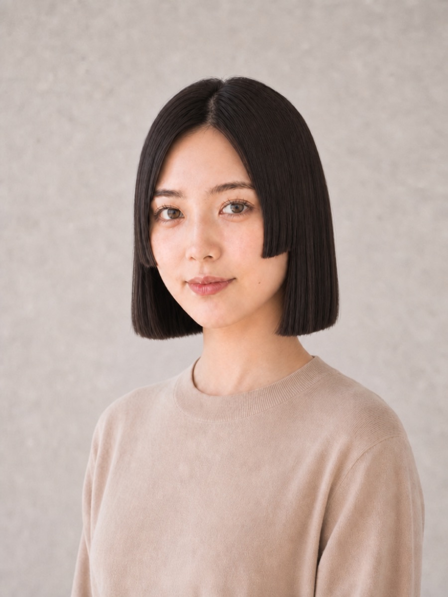 姫カットボブを斜め45°から見たAI生成イメージ（架空人物）