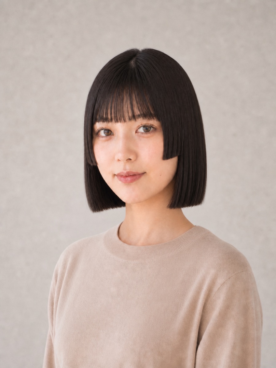 姫カットぱっつんボブを斜め45°から見たAI生成イメージ（架空人物）