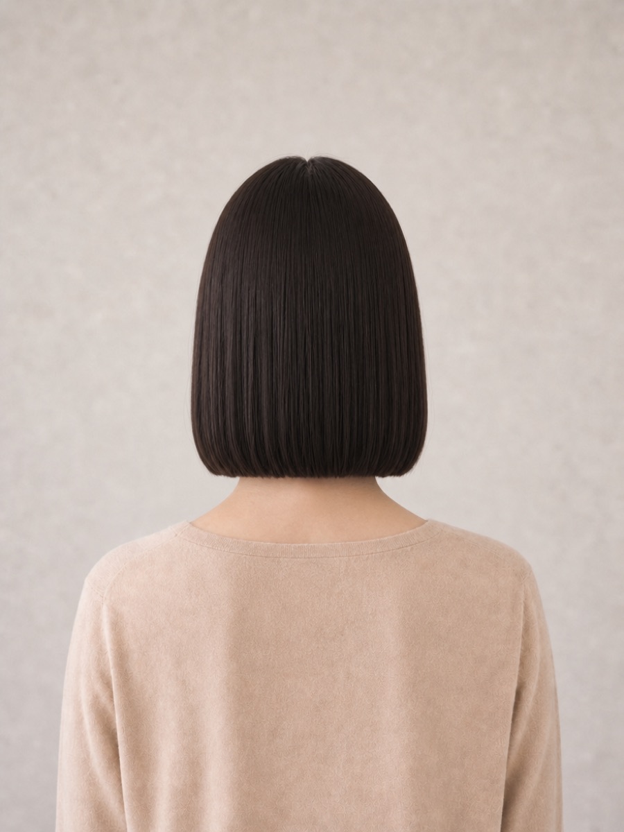 姫カットぱっつんボブを後ろ姿から見たAI生成イメージ（架空人物）
